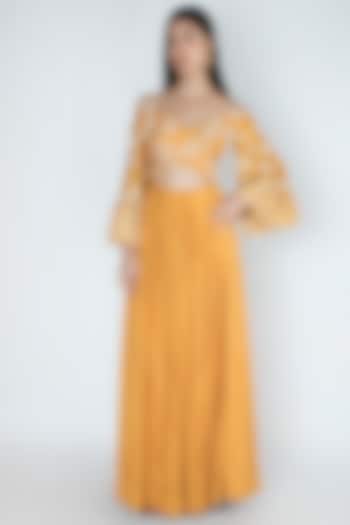 Amber Yellow Embroidered & Printed Off-Shoulder Gown by Dhwaja