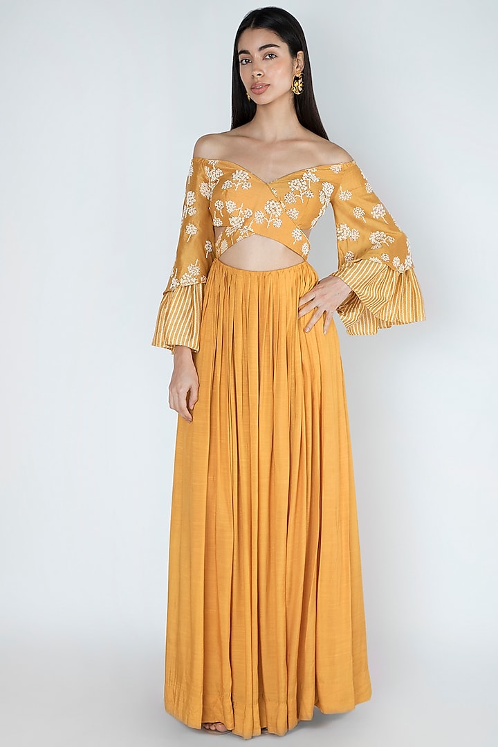 Amber Yellow Embroidered & Printed Off-Shoulder Gown Design by Dhwaja ...