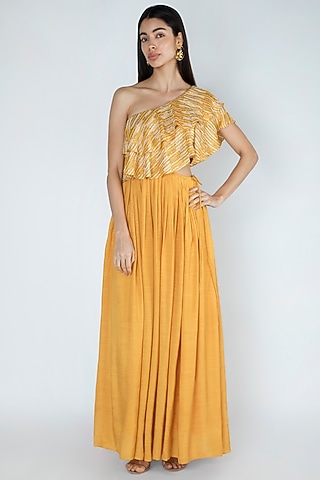 Amber Yellow Printed & Embroidered Gown by Dhwaja