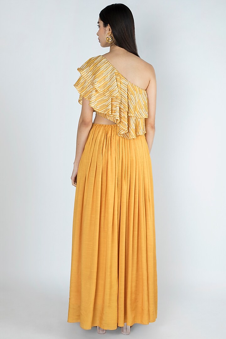 Amber Yellow Printed & Embroidered Party Wear Gown by Dhwaja at Pernia's Pop Up Shop