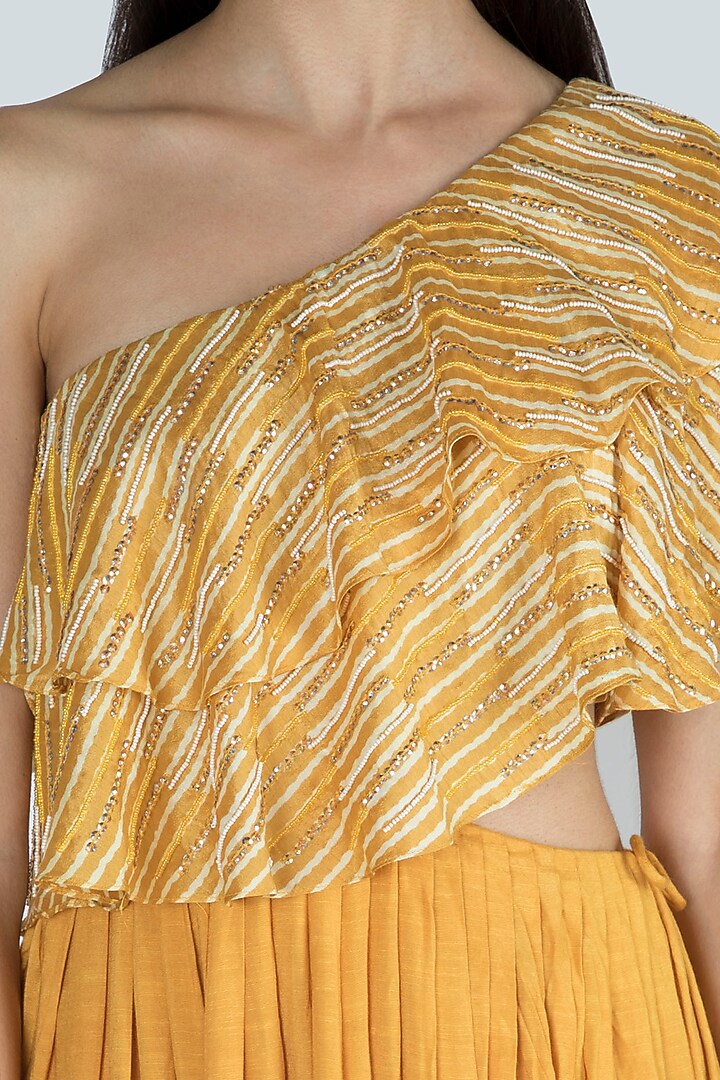 Amber Yellow Printed & Embroidered Party Wear Gown by Dhwaja at Pernia's Pop Up Shop