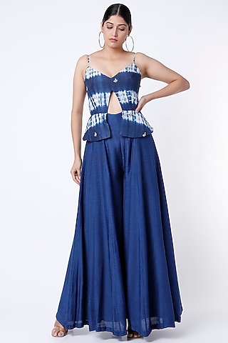 Dark Cornflower Blue Tie-Dye Peplum Jumpsuit by Dhwaja