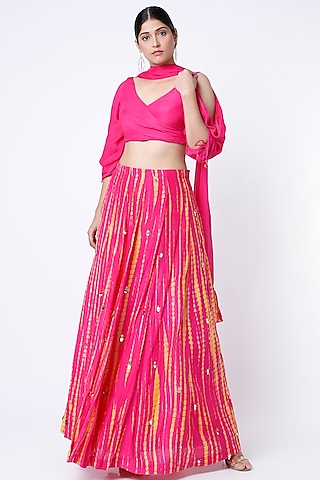 French Fuchsia Tie-Dye Lehenga Set by Dhwaja