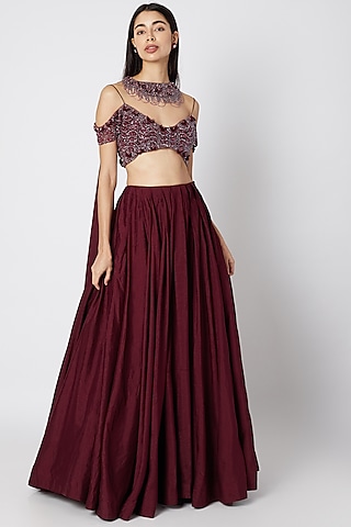 Wine Embroidered Lehenga Set by Dhwaja