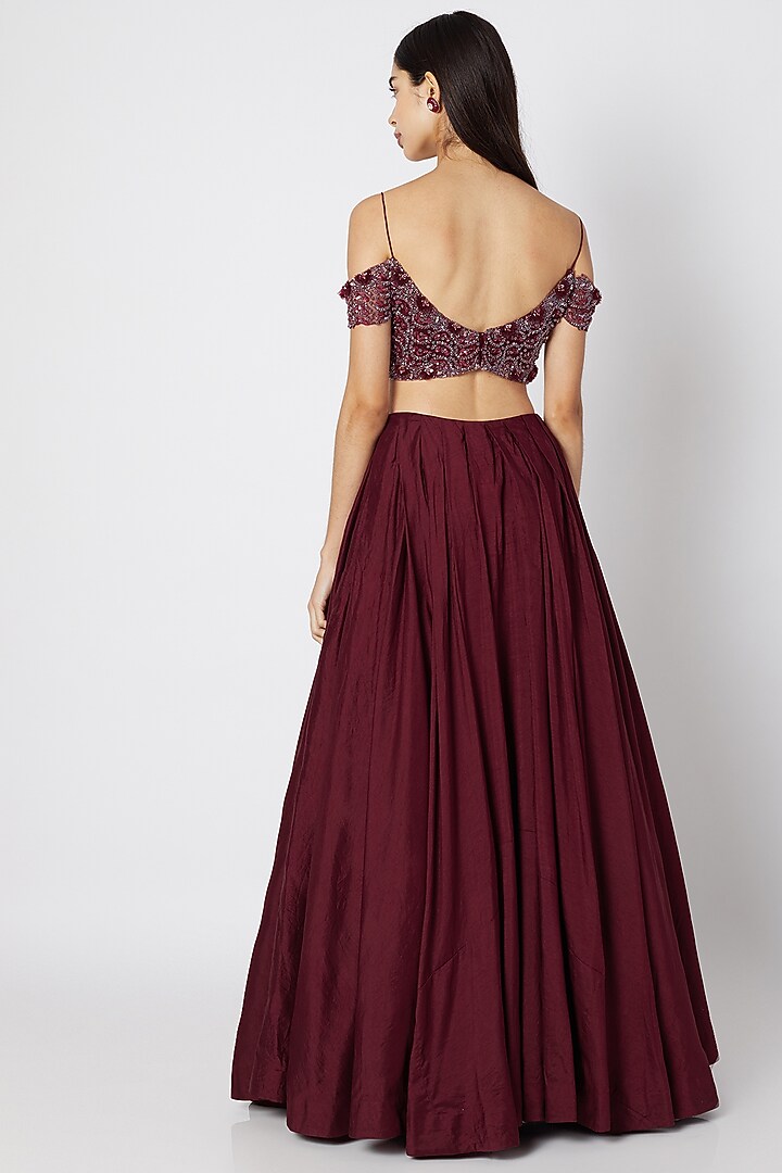Wine Embroidered Wedding Lehenga Set by Dhwaja at Pernia's Pop Up Shop