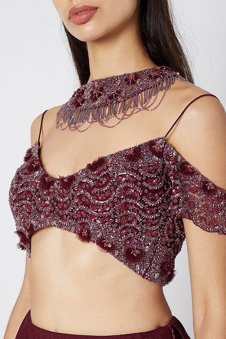 Wine Embroidered Wedding Lehenga Set by Dhwaja at Pernia's Pop Up Shop
