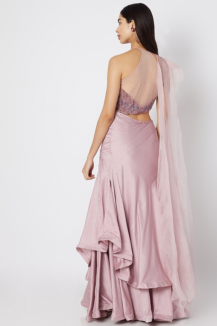 Onion Pink Silk & Organza Sequins Embroidered Layered Wedding Gown Saree by Dhwaja at Pernia's Pop Up Shop