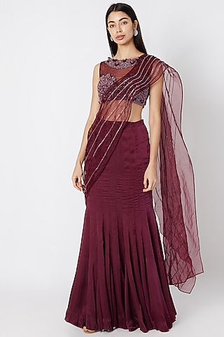 Wine Satin Fish-Cut Lehenga Saree Set by Dhwaja