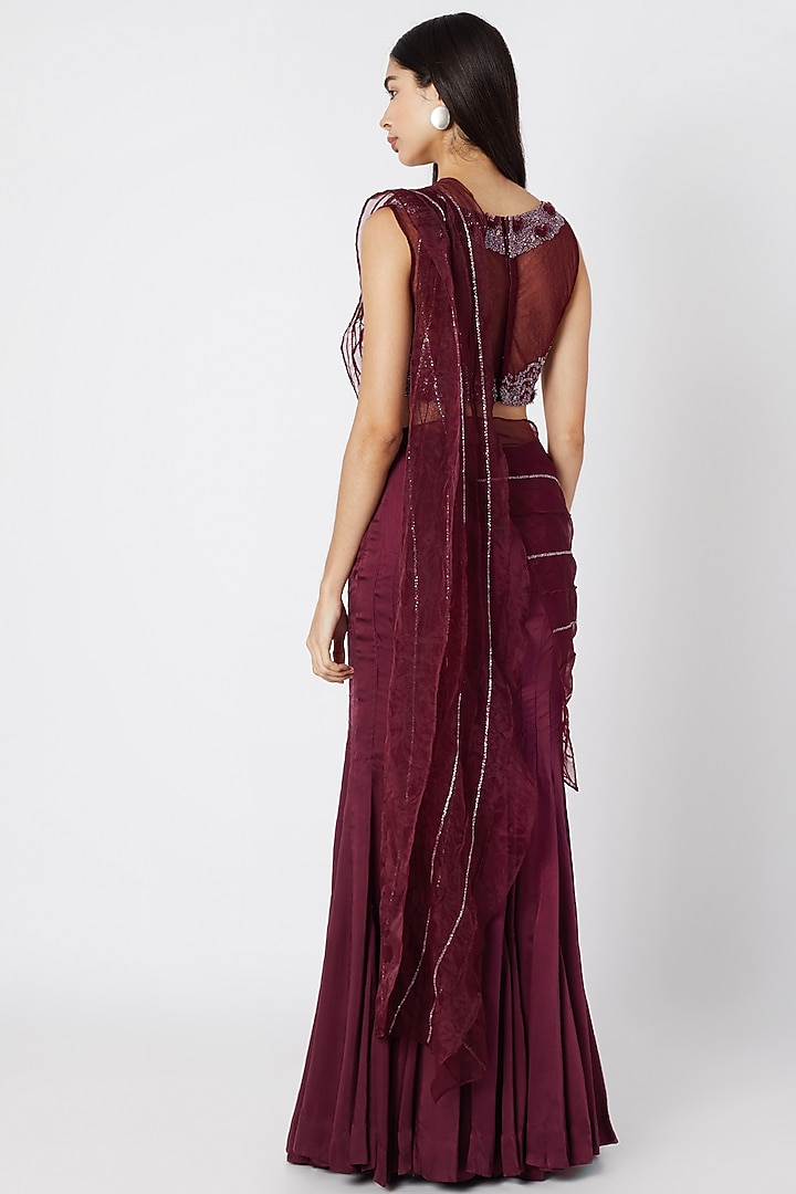Wine Satin Fish-Cut Wedding Lehenga Saree Set by Dhwaja at Pernia's Pop Up Shop