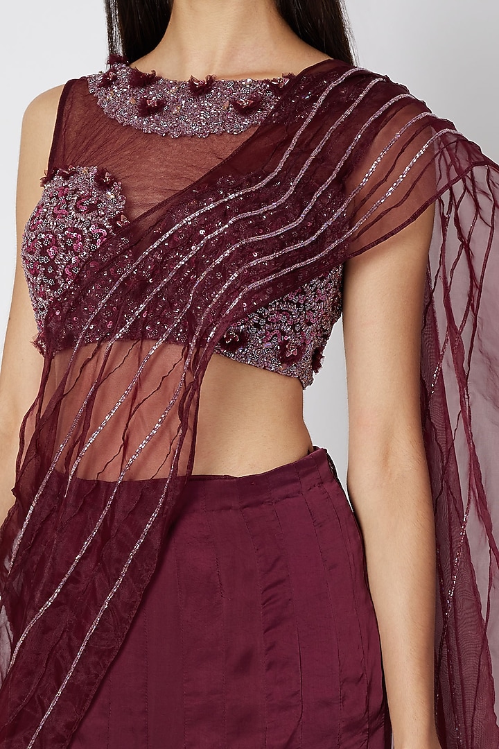 Wine Satin Fish-Cut Wedding Lehenga Saree Set by Dhwaja at Pernia's Pop Up Shop