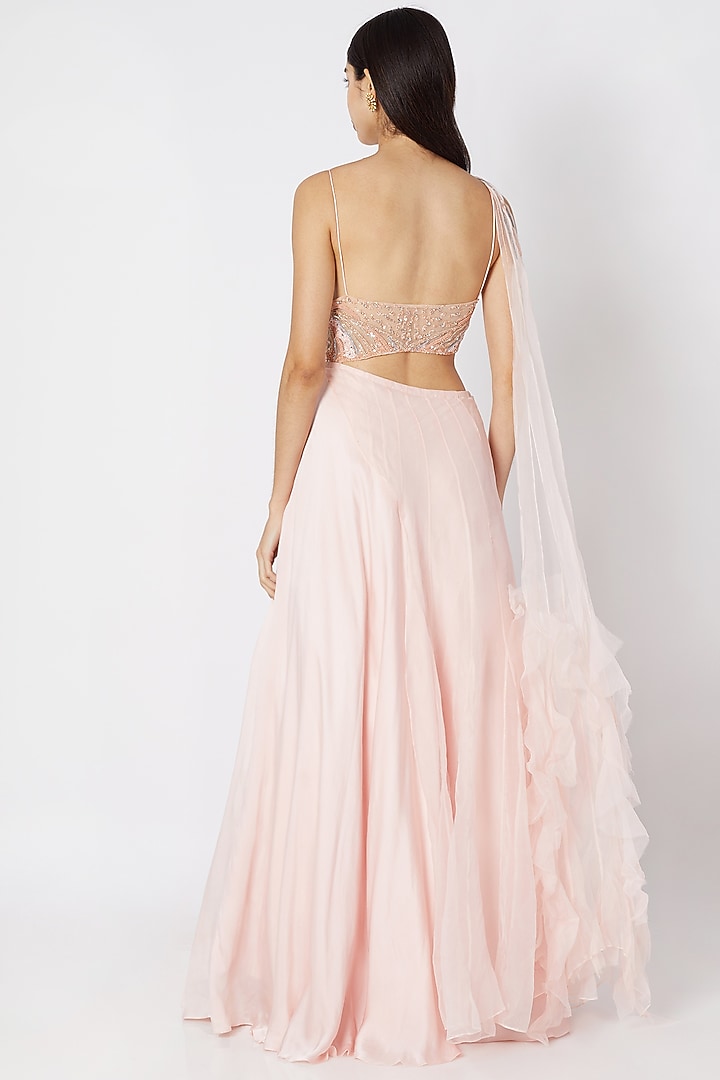 Blush Pink Embroidered Engagement Gown With Drape by Dhwaja at Pernia's Pop Up Shop