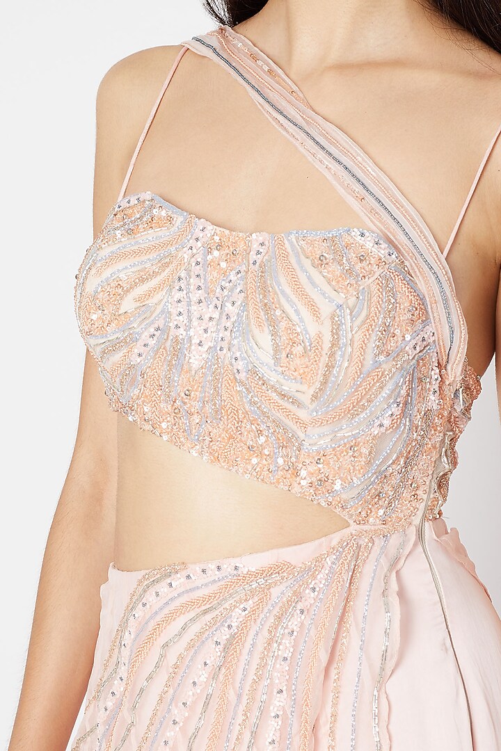 Blush Pink Embroidered Engagement Gown With Drape by Dhwaja at Pernia's Pop Up Shop