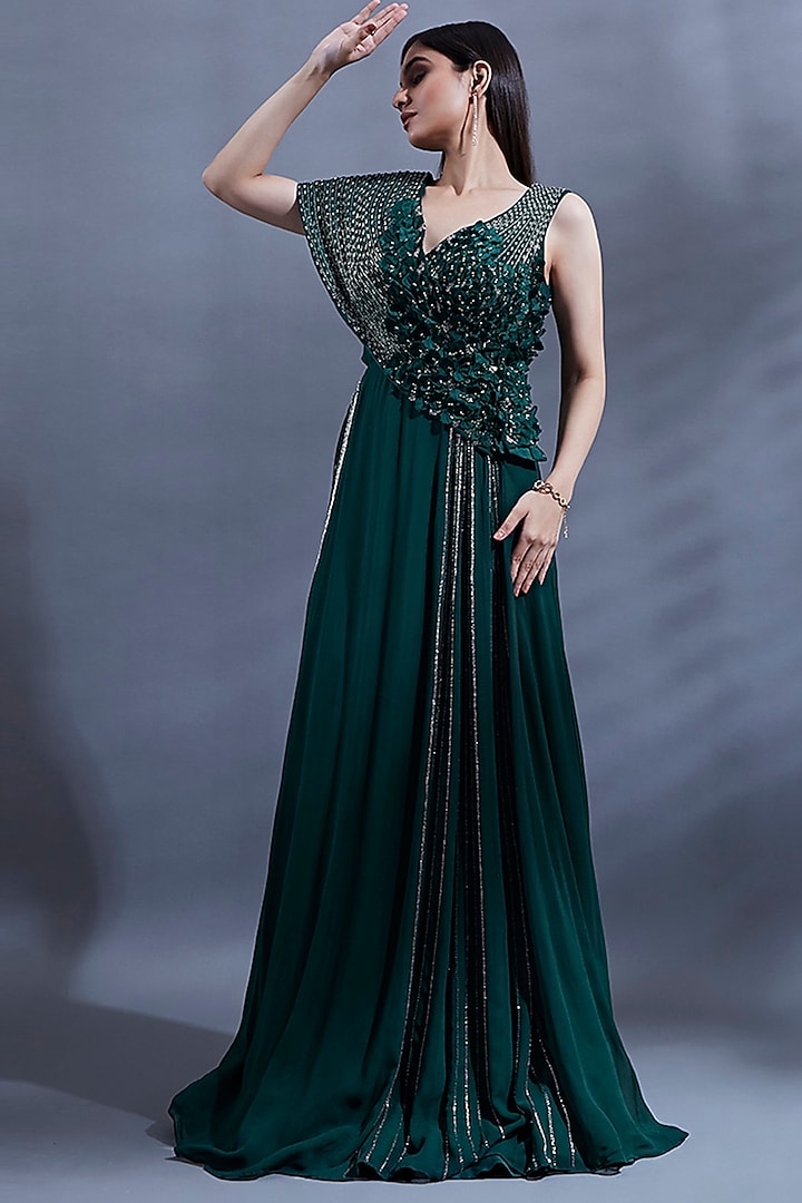 Bottle Green Satin Georgette 3D Hand Embroidered Cut-Out Gown With Cape by Dhwaja