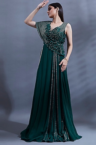 Bottle Green Satin Georgette 3D Hand Embroidered Cut-Out Gown With Cape by Dhwaja
