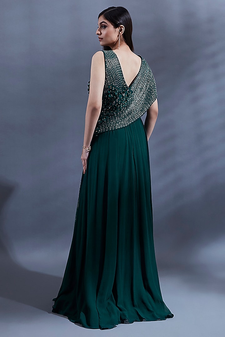 Bottle Green Satin Georgette 3D Hand Embroidered Cut-Out Engagement Gown With Cape by Dhwaja at Pernia's Pop Up Shop