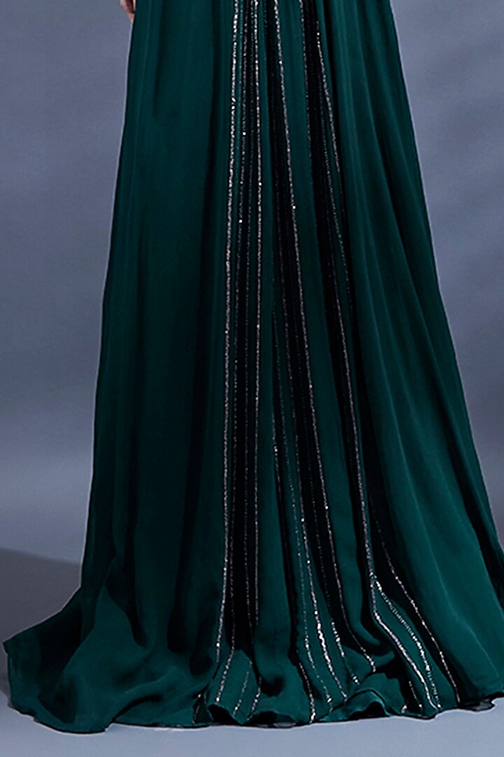 Bottle Green Satin Georgette 3D Hand Embroidered Cut-Out Engagement Gown With Cape by Dhwaja at Pernia's Pop Up Shop