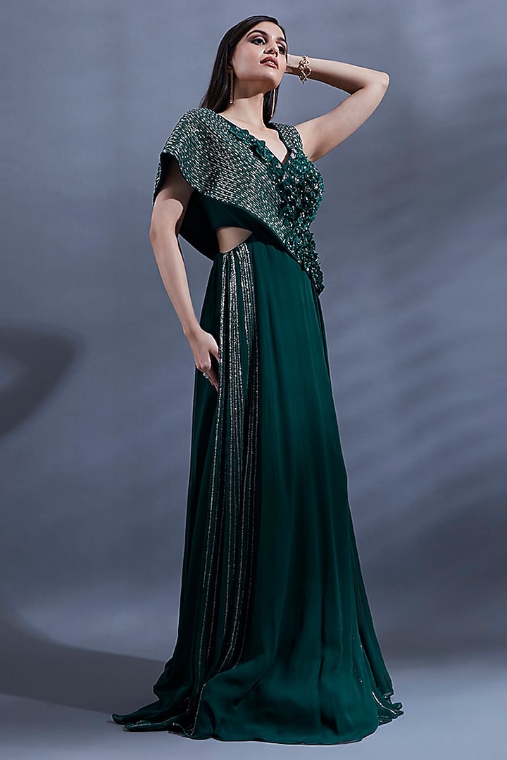 Bottle Green Satin Georgette 3D Hand Embroidered Cut-Out Engagement Gown With Cape by Dhwaja at Pernia's Pop Up Shop