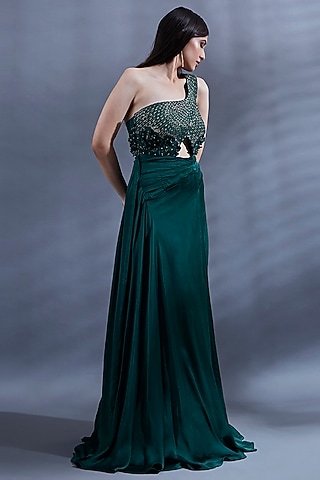 Bottle Green Bemberg Hand Embroidered One-Shoulder Gown by Dhwaja