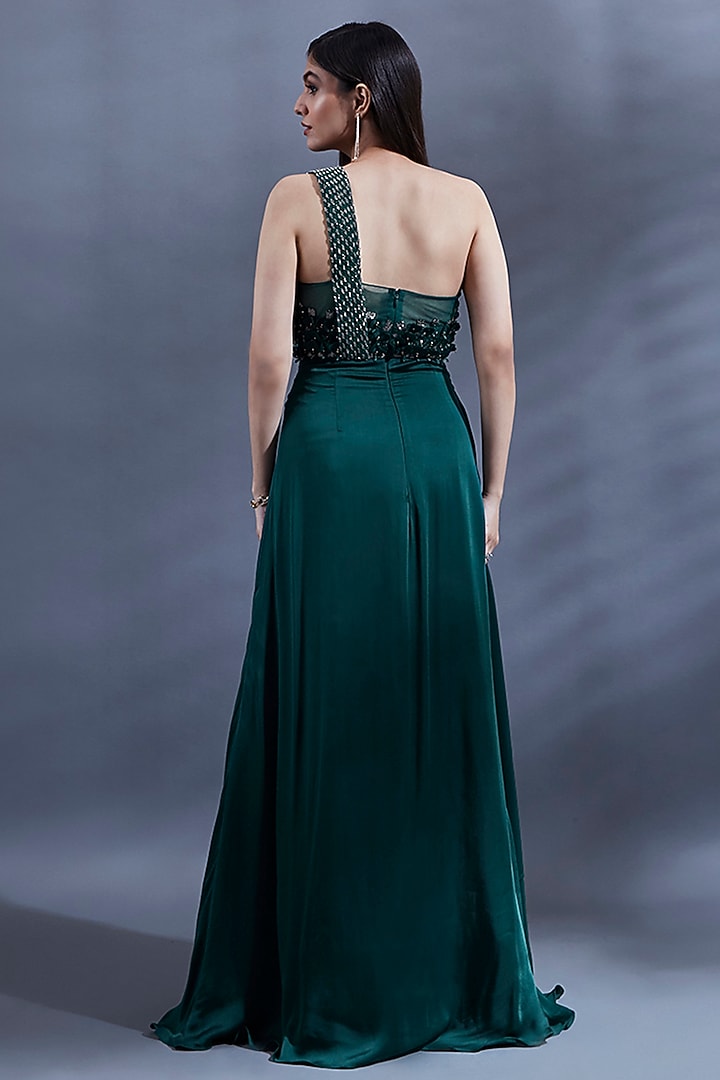 Bottle Green Bemberg Hand Embroidered One-Shoulder Engagement Gown by Dhwaja at Pernia's Pop Up Shop