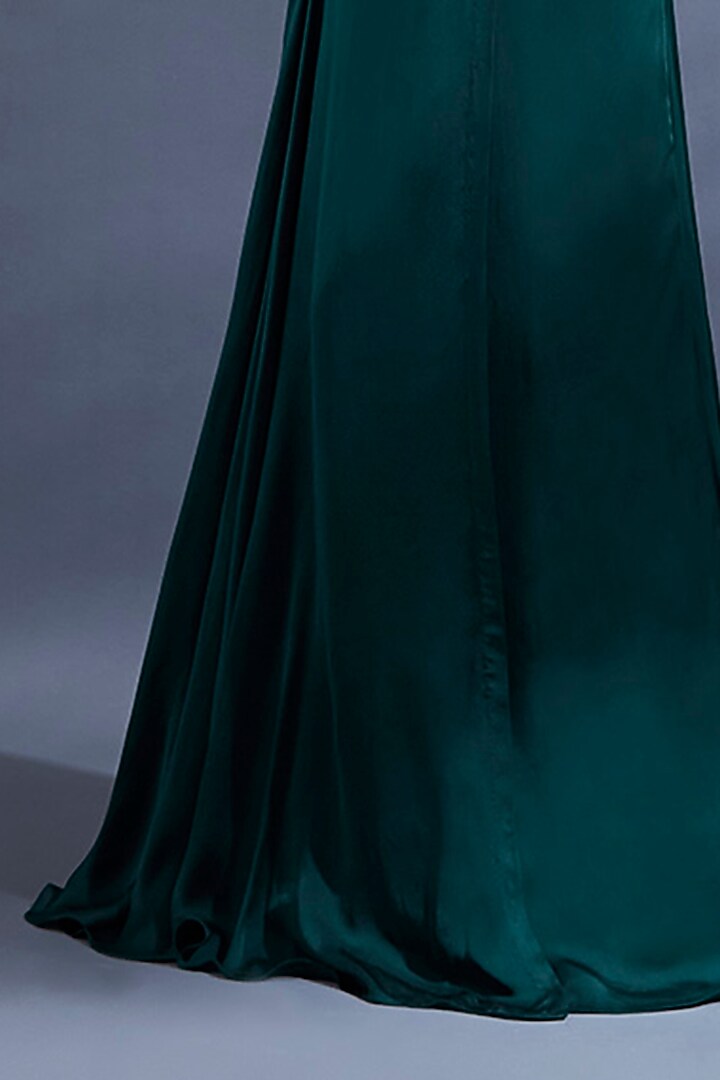 Bottle Green Bemberg Hand Embroidered One-Shoulder Engagement Gown by Dhwaja at Pernia's Pop Up Shop