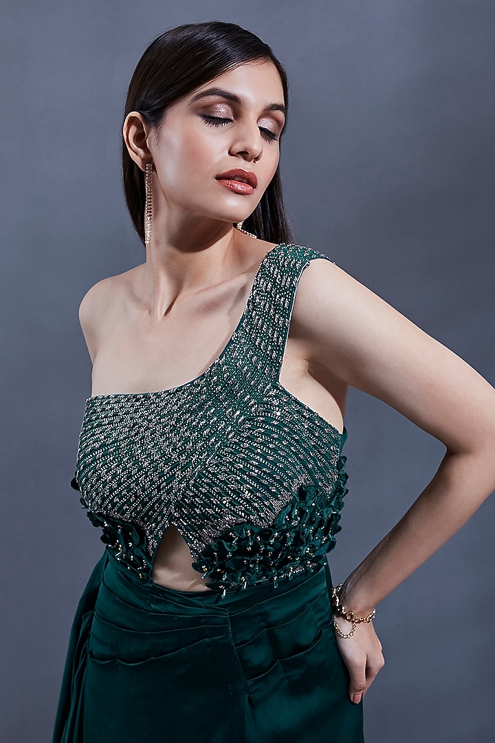 Bottle Green Bemberg Hand Embroidered One-Shoulder Engagement Gown by Dhwaja at Pernia's Pop Up Shop