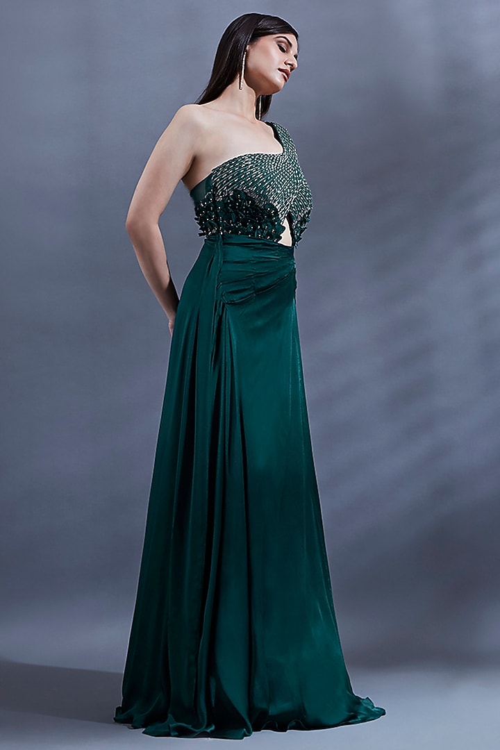Bottle Green Bemberg Hand Embroidered One-Shoulder Engagement Gown by Dhwaja at Pernia's Pop Up Shop