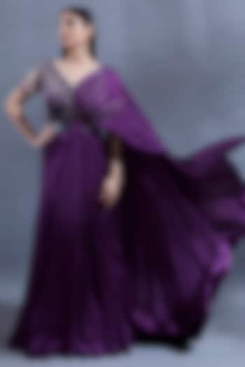 Purple Bemberg Pleated Draped Gown Saree by Dhwaja