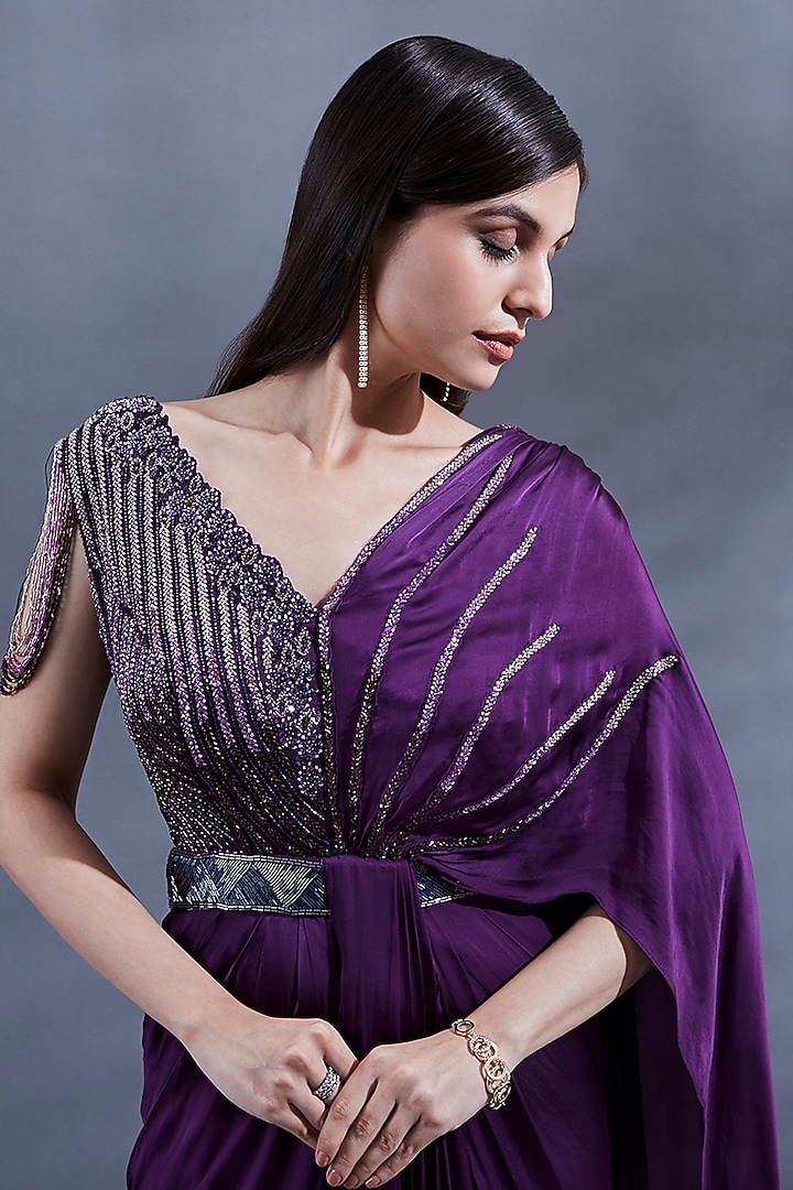 Purple Bemberg Pleated Draped Wedding Gown Saree by Dhwaja at Pernia's Pop Up Shop