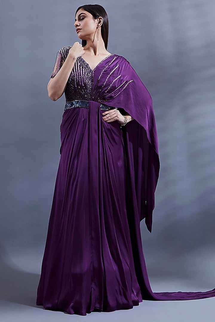 Purple Bemberg Pleated Draped Wedding Gown Saree by Dhwaja at Pernia's Pop Up Shop