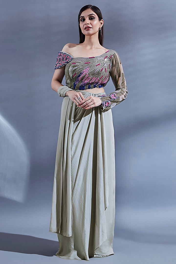 Grey Bemberg Hand Embroidered Draped Gown by Dhwaja