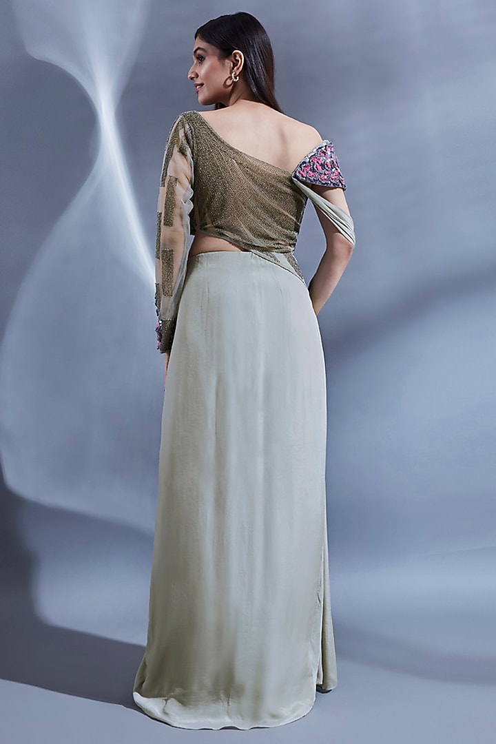 Grey Bemberg Hand Embroidered Draped Engagement Gown by Dhwaja at Pernia's Pop Up Shop