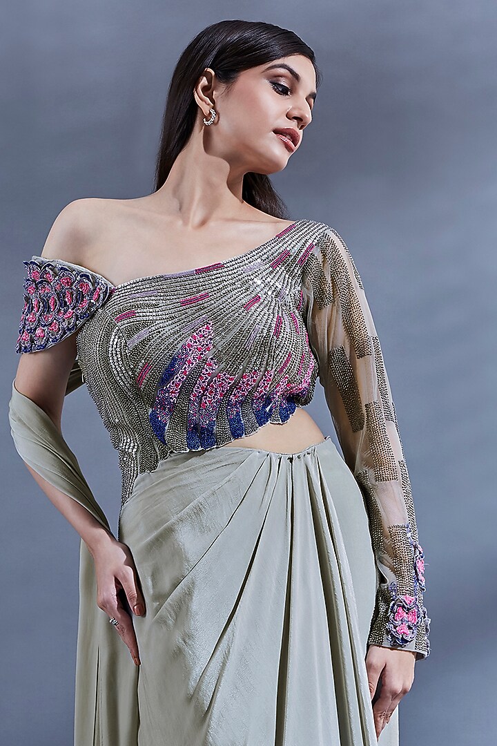 Grey Bemberg Hand Embroidered Draped Engagement Gown by Dhwaja at Pernia's Pop Up Shop