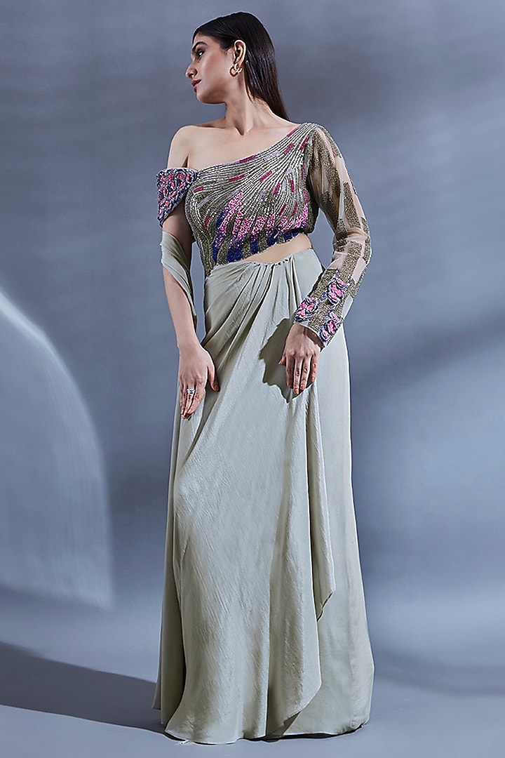 Grey Bemberg Hand Embroidered Draped Engagement Gown by Dhwaja at Pernia's Pop Up Shop