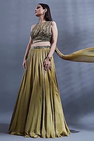 Gold Flat Chiffon Pleated Lehenga Set by Dhwaja