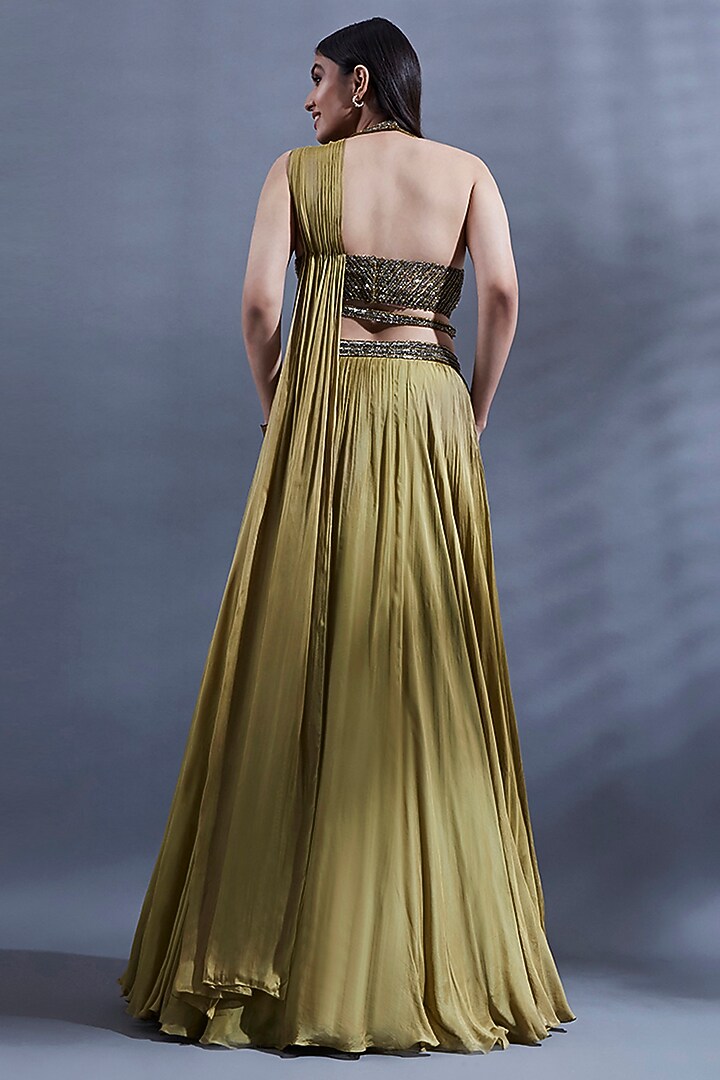 Gold Flat Chiffon Pleated Wedding Lehenga Set by Dhwaja at Pernia's Pop Up Shop