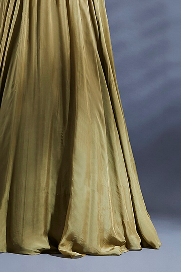 Gold Flat Chiffon Pleated Wedding Lehenga Set by Dhwaja at Pernia's Pop Up Shop
