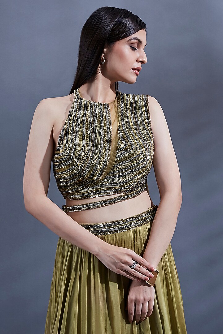 Gold Flat Chiffon Pleated Wedding Lehenga Set by Dhwaja at Pernia's Pop Up Shop