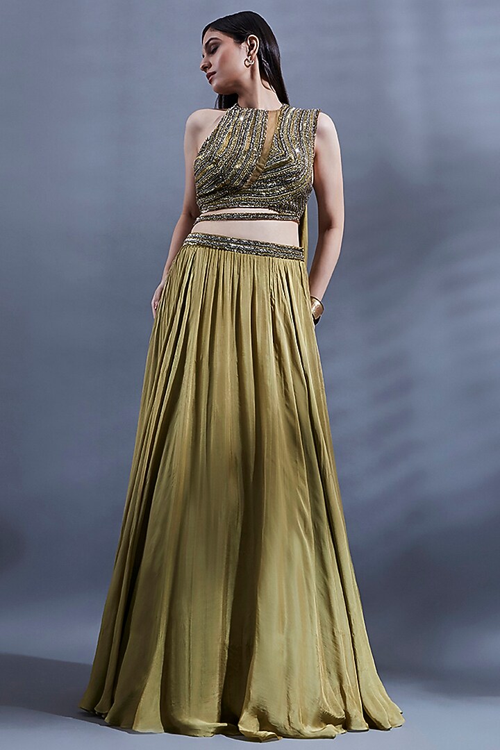 Gold Flat Chiffon Pleated Wedding Lehenga Set by Dhwaja at Pernia's Pop Up Shop
