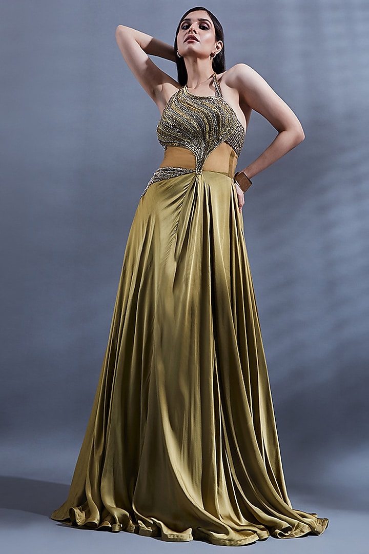 Gold Net Embellished Cut-Out Gown by Dhwaja