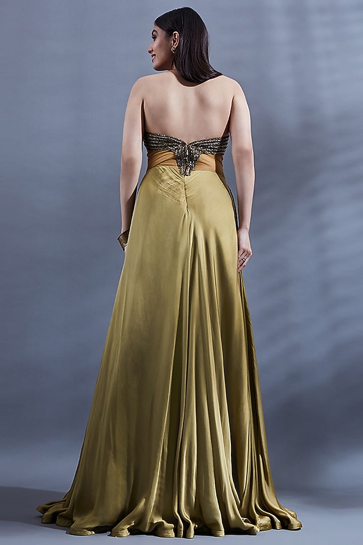 Gold Net Embellished Cut-Out Engagement Gown by Dhwaja at Pernia's Pop Up Shop