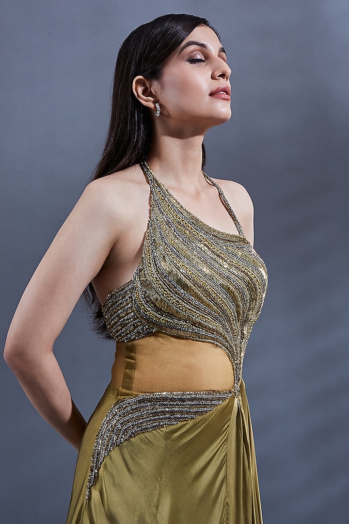 Gold Net Embellished Cut-Out Engagement Gown by Dhwaja at Pernia's Pop Up Shop