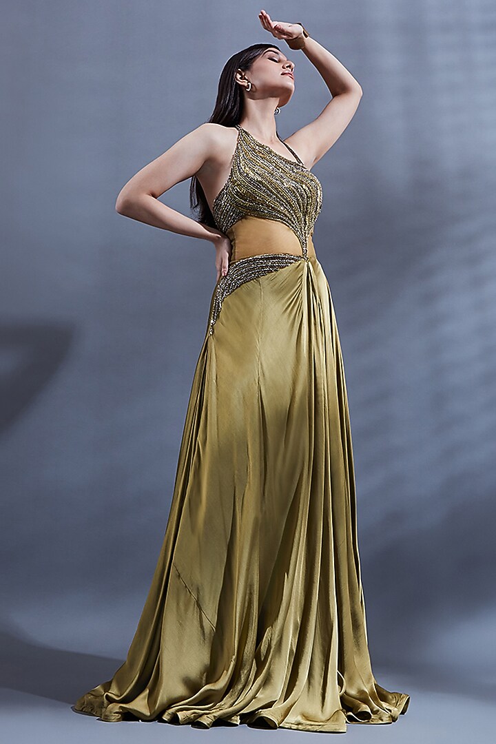Gold Net Embellished Cut-Out Engagement Gown by Dhwaja at Pernia's Pop Up Shop