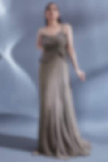 Grey Viscose 3D Embellished One-Shoulder Draped Gown by Dhwaja