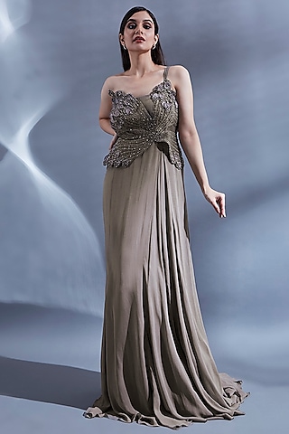 Grey Viscose 3D Embellished One-Shoulder Draped Gown by Dhwaja