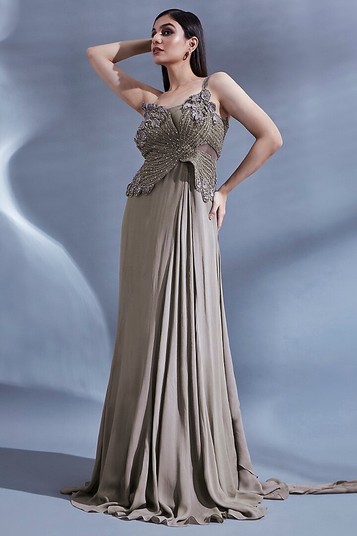 Grey Viscose 3D Embellished One-Shoulder Draped Engagement Gown by Dhwaja at Pernia's Pop Up Shop