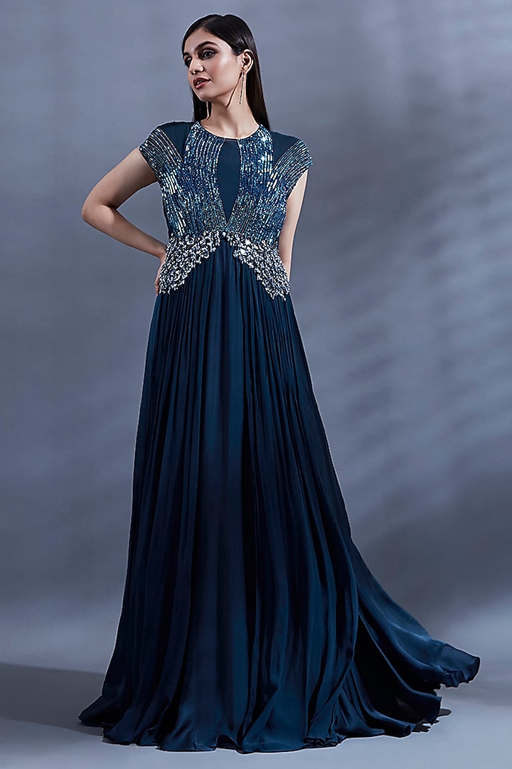 Navy Blue Bemberg Hand Embroidered Pleated Gown by Dhwaja at Pernia's Pop Up Shop