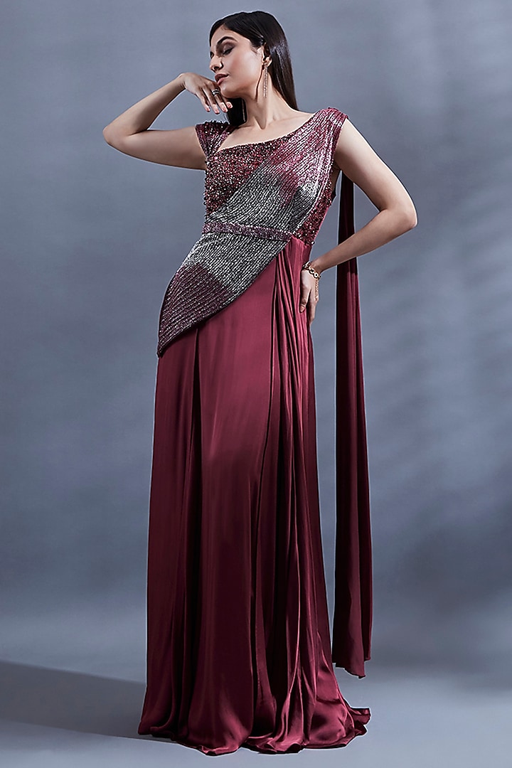 Maroon Satin Georgette Hand Embroidered Draped Gown Saree by Dhwaja