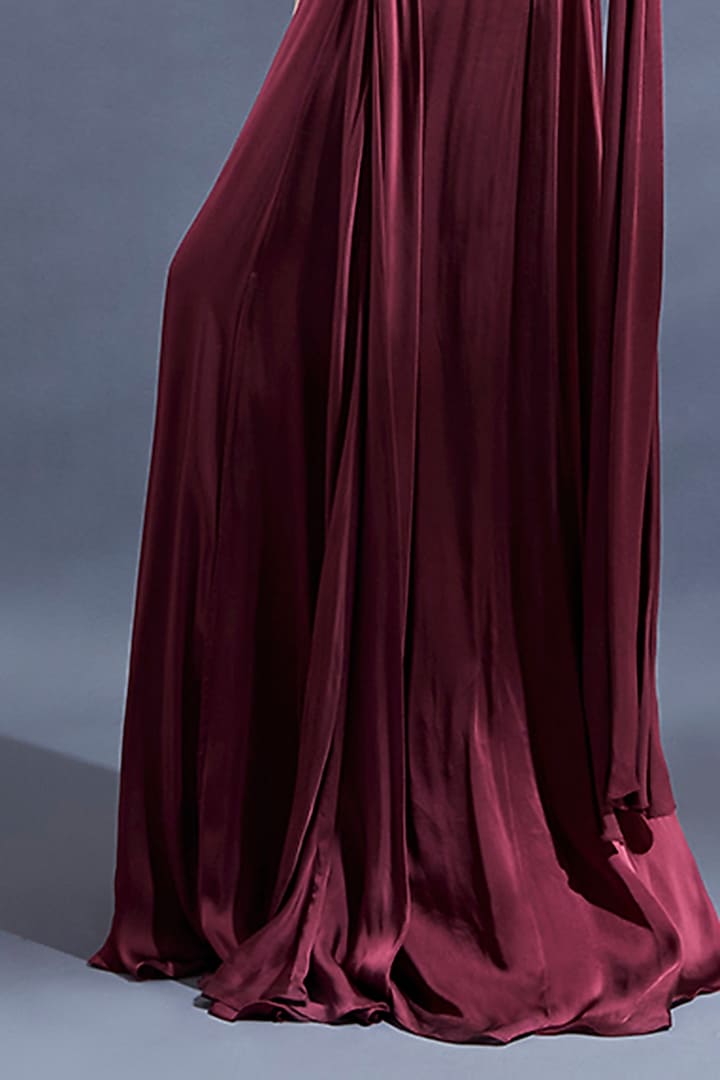 Maroon Satin Georgette Hand Embroidered Draped Wedding Gown Saree by Dhwaja at Pernia's Pop Up Shop