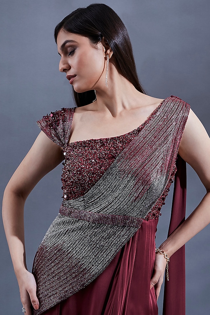 Maroon Satin Georgette Hand Embroidered Draped Wedding Gown Saree by Dhwaja at Pernia's Pop Up Shop
