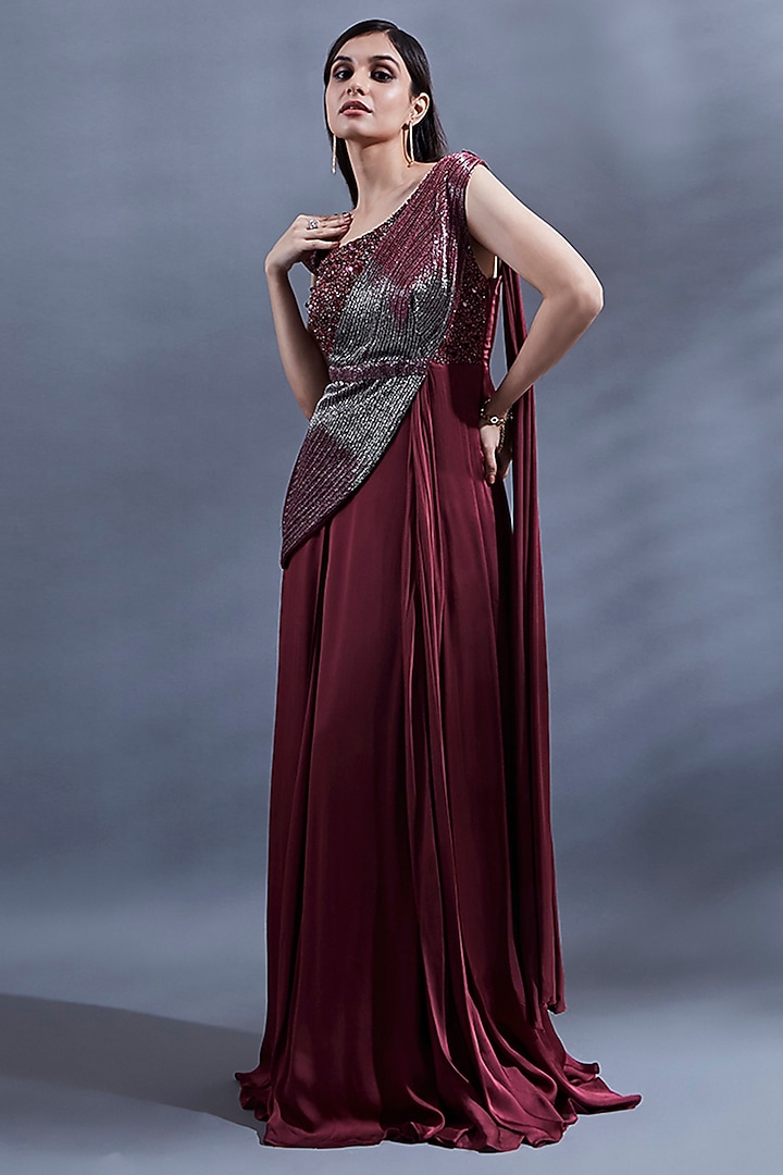 Maroon Satin Georgette Hand Embroidered Draped Wedding Gown Saree by Dhwaja at Pernia's Pop Up Shop